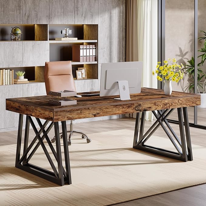 Tribesigns 63-Inch Executive Desk, Farmhouse Office Computer Desk with Sturdy X-Shaped Legs, Large Writing Table Business Furniture Workstation for Home Office, Study (Rustic Brown & Black)