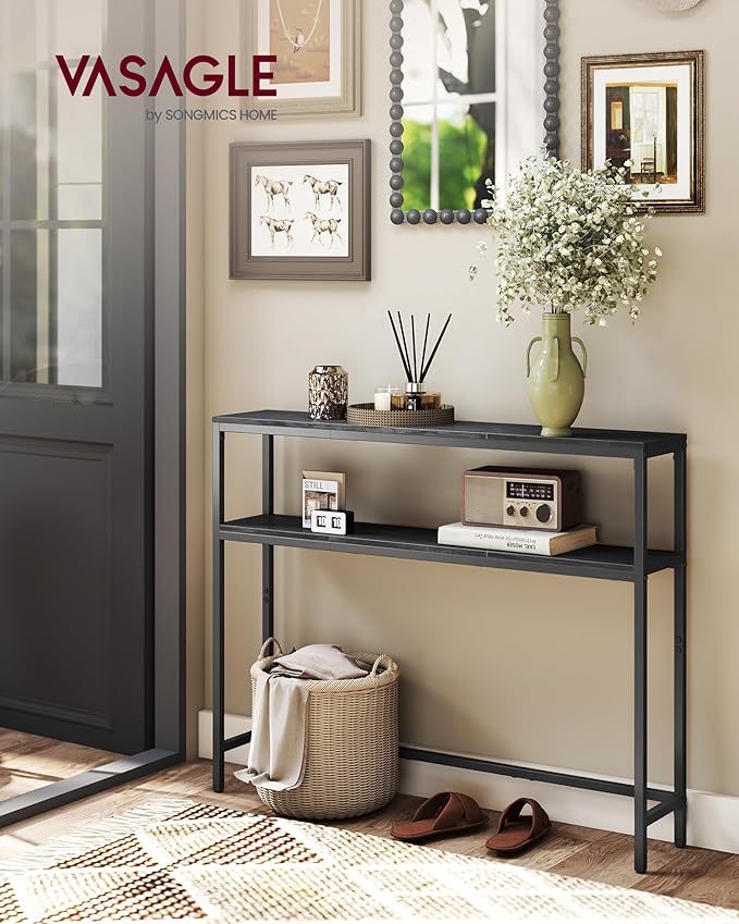 VASAGLE Console Table, 2-Tier Narrow Sofa Table with 2 Shelves, 7.9 x 39.4 x 31.5 Inches, for Living Room, Hallway, Entryway, Charcoal Gray and Ink Black ULNT131B22V1