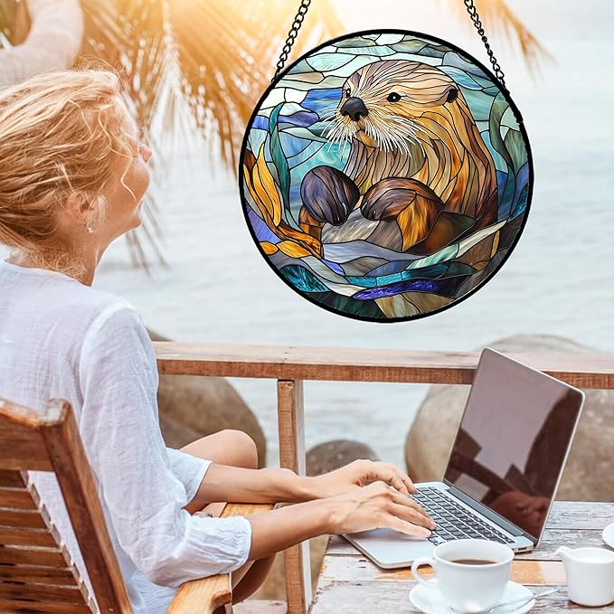 Stained Glass Suncatcher, Blue Ocean Cute Sea Otter Sun Catcher Stain Glass Window Hanging Decoration Mother's Day Birthday Gifts for Women Men Mom Nana 11.8 in