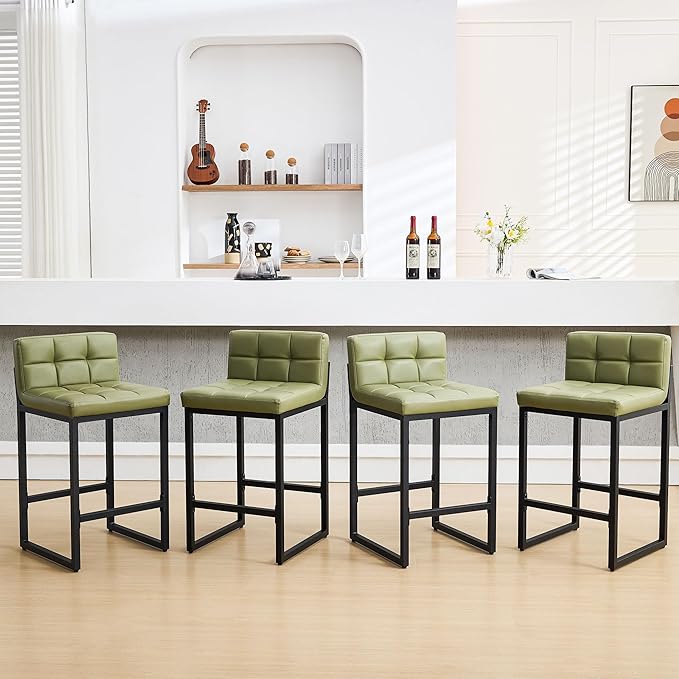 Counter Height Bar Stools Set of 4, Modern Counter Stools with Back and Thickened Metal Legs, Armless Bar Chairs for Kitchen Island (Avocado Green, 4Pcs 26" Bar Stools)