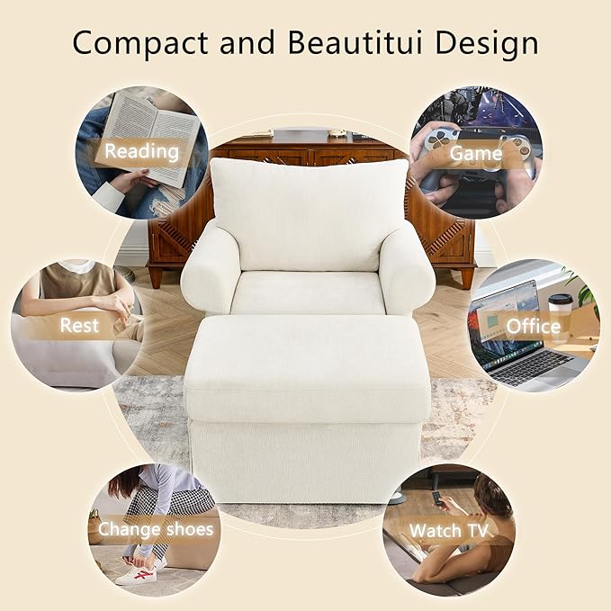35.82" Accent Chair with Ottoman Upholstered Living Room Chairs for Reading Chair with Chaise Lounge Chairs Indoor, Comfortable Armchair for Bedroom (Beige, 35.82")