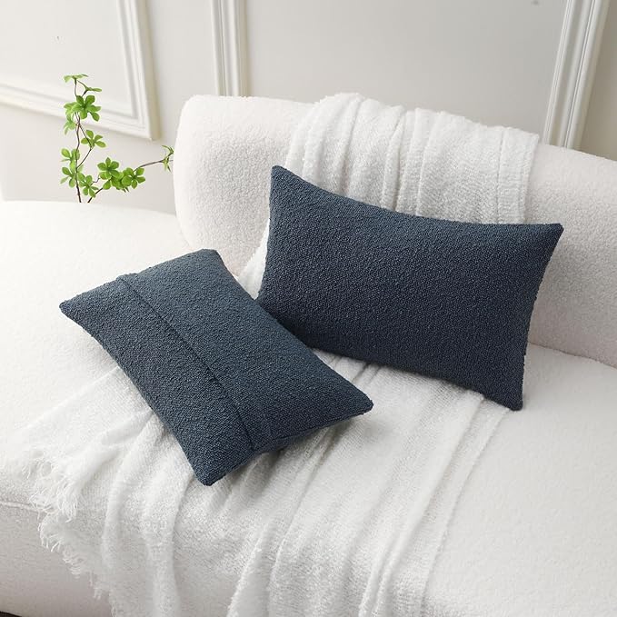 FUTEI Pack of 2 Haze Blue Decorative Throw Pillow Covers 12x20 Inch Soft Cozy Solid Boucle Textured Lumbar Pillow Cases,Modern Home Decor for Couch Bed Living Room