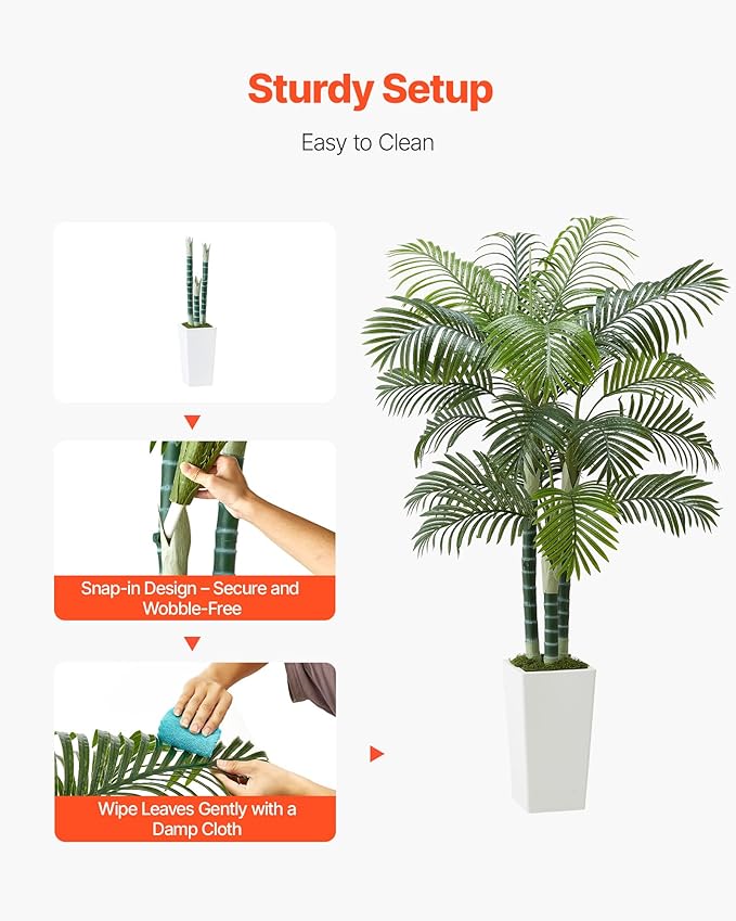 VEVOR Artificial Areca Palm Tree 6 ft, Fake Palm Tropical Plants with White Tall Planter, Faux Floor Silk Plant in Pot, Large Trees for Home Office Living Room Decor House Warming, Indoor Outdoor