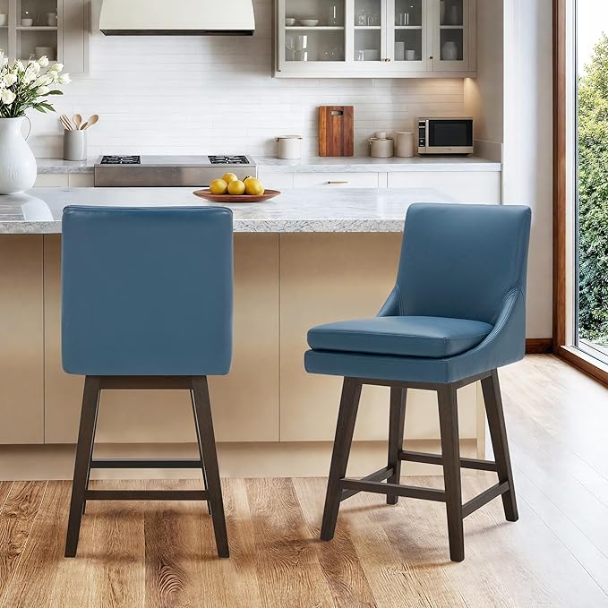 CHITA Counter Height Swivel Barstool with Back Set of 2, FSC Certified Upholstered Faux Leather Swivel Bar Stool, 26.8" H Seat Height, PU Leather in Dark Blue