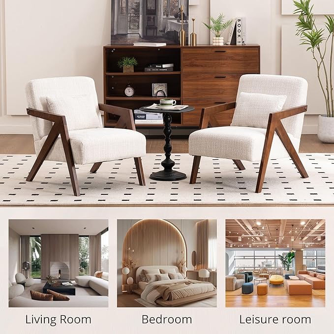 Mid-Century Modern Accent Chair with Solid Wood Frame,Upholstered Chenille Living Room Arm Chairs with Pillow for Bedroom, Living Room, Reading Room, Balcony, Beige