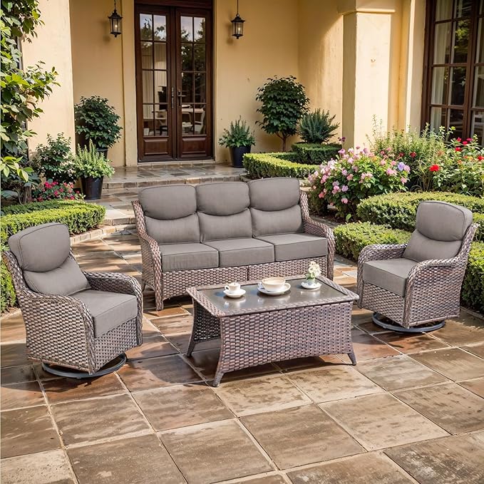 Luxury High Back Outdoor Furniture with 6-inch Extra Thick Cushions, Patio Furniture Set with Swivel Chairs, 4 PCS Wicker Conversation Set for Yard, Deck, Poolside, Brown/Grey