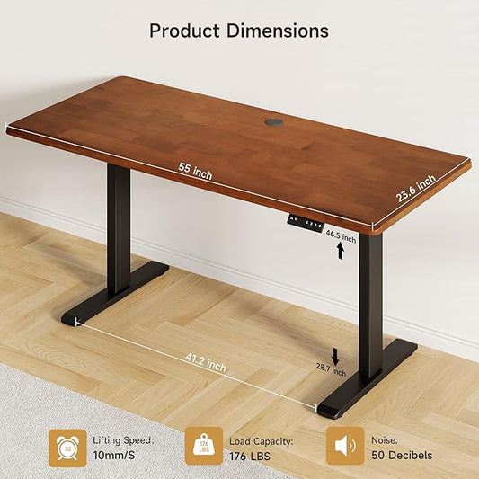 ONBRILL Standing Desk, 55x23.6 Inches Whole-Piece Board Rectangle Stand Up Desk with Solid Wood Desktop and Memory Controller, Adjustable Height from 28-46 Inches for Home & Office, Brown