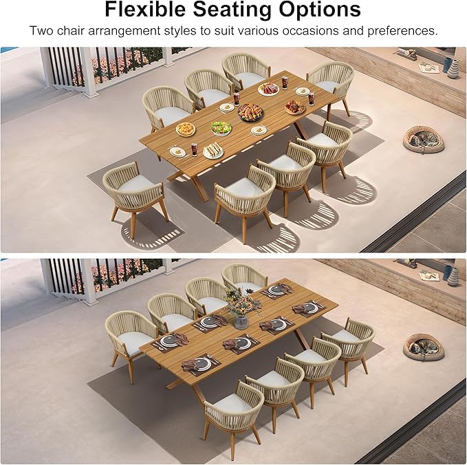 PURPLE LEAF 9 Piece Longer Outdoor Dining Set with Patio Aluminium Dining Table and Wicker Chairs Modern Furniture Cushions Sets for Backyard Indoor Decor Kitchen Teak