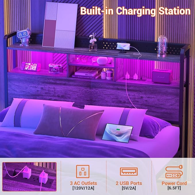 Unikito Headboard for Queen Size Bed with Storage Shelf, Head Board with 3 Outlets and 2 USB Ports, Headboards with RGB LED Light, Height Adjustable, Sturdy and Stable, Easy Assembly, Black Oak