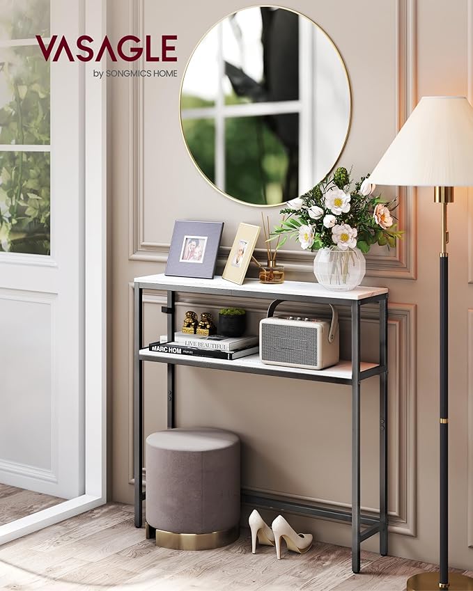 VASAGLE Console Table, 2-Tier Narrow Sofa Table with 2 Shelves, 7.9 x 31.5 x 31.5 Inches, for Living Room, Hallway, Entryway, Marble White and Ink Black ULNT130W59V1