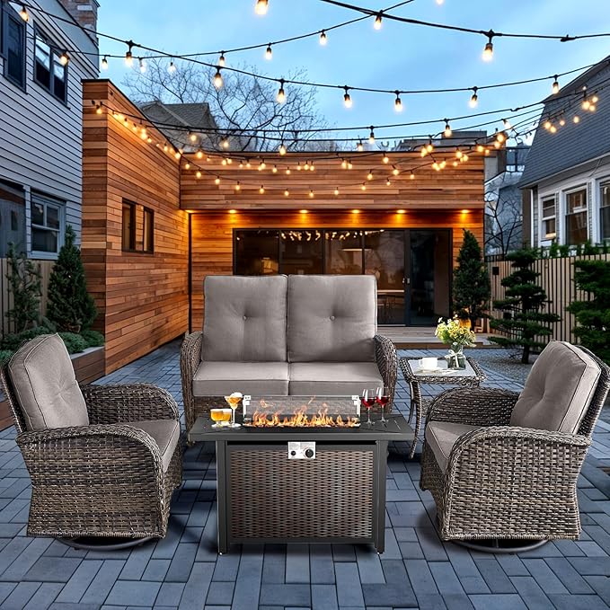 HUMMUH 5-Piece Patio Furniture Set with Fire Pit,Wicker Patio Glider Loveseat Outdoor Swivel Rocker Chairs for Backyard,Poolside,Deck