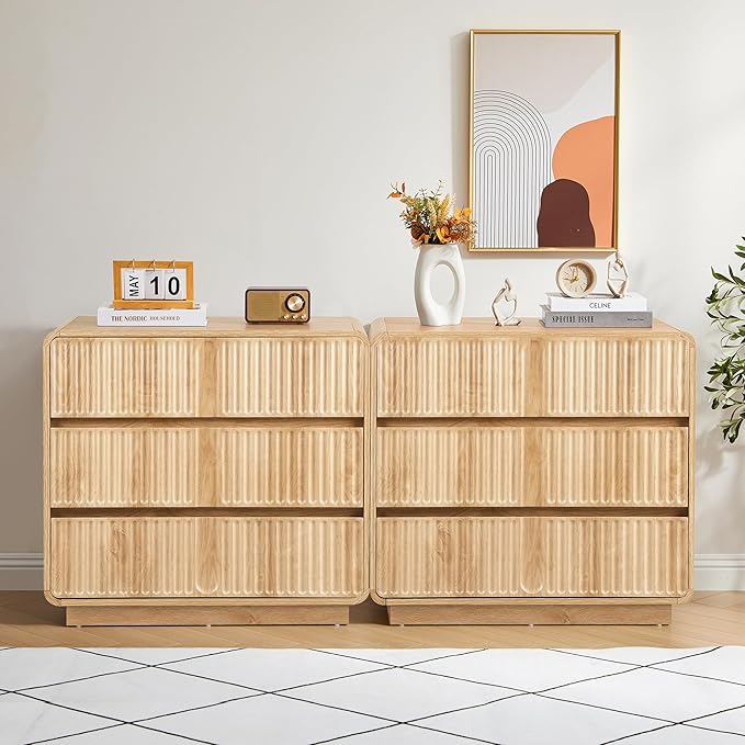 Fluted 3 Drawer Dressers for Bedroom, 31.5" Wide Large Mid Century Modern Nightstand 2 Sets W/3 Storage Drawers , Wood Dresser & Chest of Drawers with Curved Profile for Living Room (Natural)