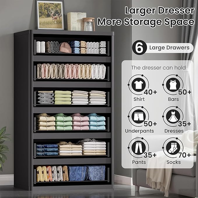 Black 56" Tall Dresser for Bedroom, Fluted Modern 6 Drawers Deep Dressers, Wood Chest of Drawers with Handleless, Curved Profil Storage Closet Dressers for Bedroom, Living Room, Hallway