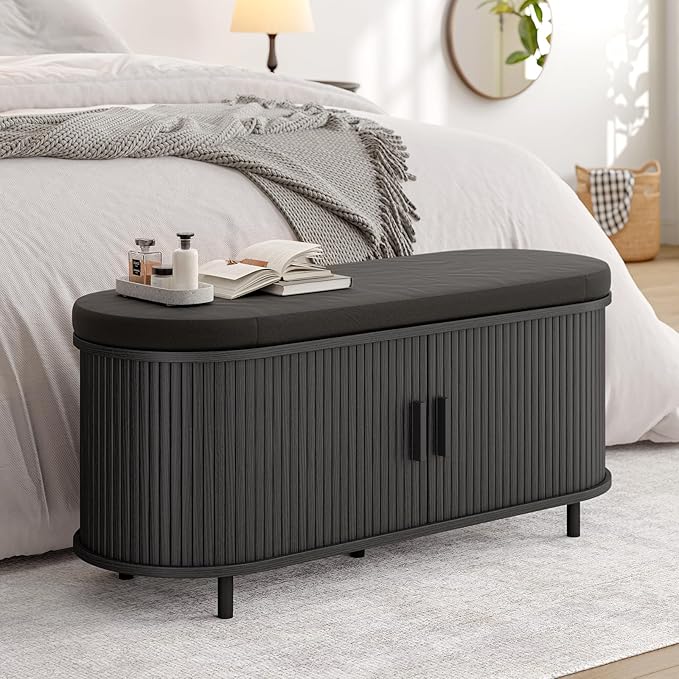 ONBRILL 43" Shoe Bench with Storage, Fluted Shoe Storage Bench with Cushion, Sliding Door and Adjustable Shelf, for Entryway, Hallway, Living Room (Black)