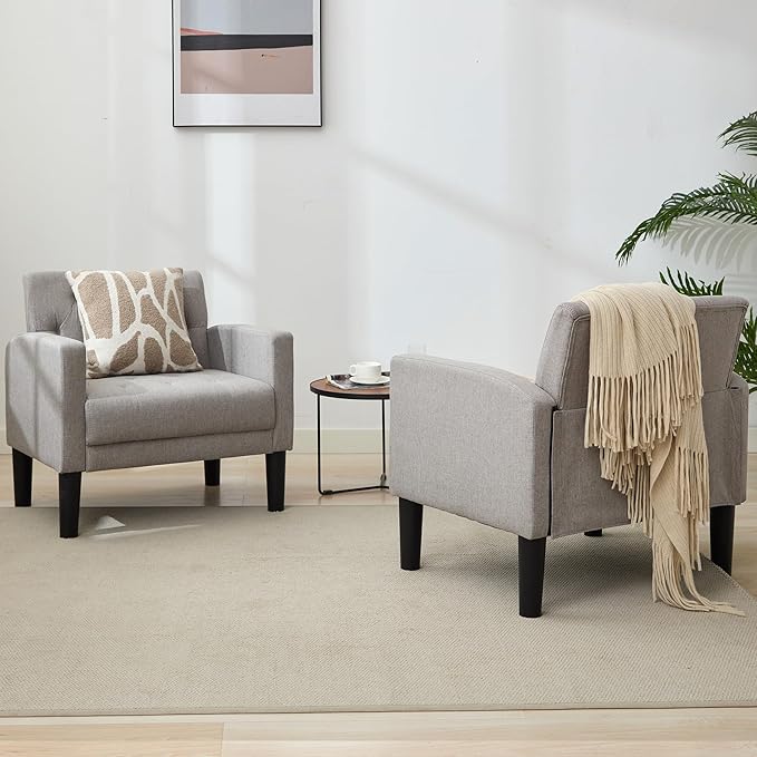 TYBOATLE Accent Chairs Set of 2 Comfy Living Room Chair Tufted Mid Century Modern Accent Chair, Cozy Upholstered Reading Arm Chair for Office, Bedroom (Light Grey, Set of 2)
