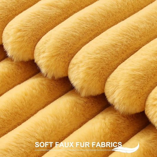 Pallene Faux Fur Plush Throw Pillow Covers 16x16 Set of 2, Luxury Soft Fluffy Striped Decorative Pillow Covers for Sofa, Couch, Living Room, Mustard Yellow