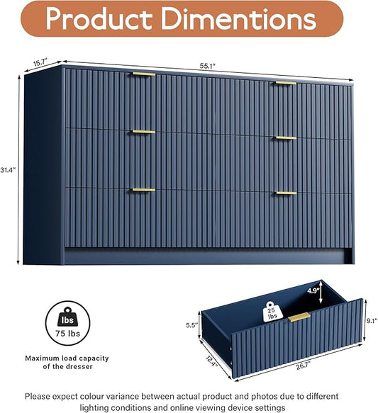 Navy Blue Dresser for Bedroom, Modern Dresser with 6 Drawers and Smooth Slides, Wide Chest of Drawers with Golden Handles for Bedroom, Living Room, Closet, 15.7" D x 55.1" W x 31.4" H