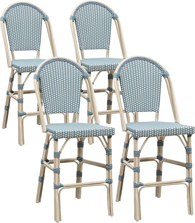 PURPLE LEAF French Counter Height Bar Stool Set of 4 25" White Print Finish Patio Bar Chairs with Back Rattan Bar Chairs French Bistro Set for Kitchen Outdoor Counter Stool Light Blue