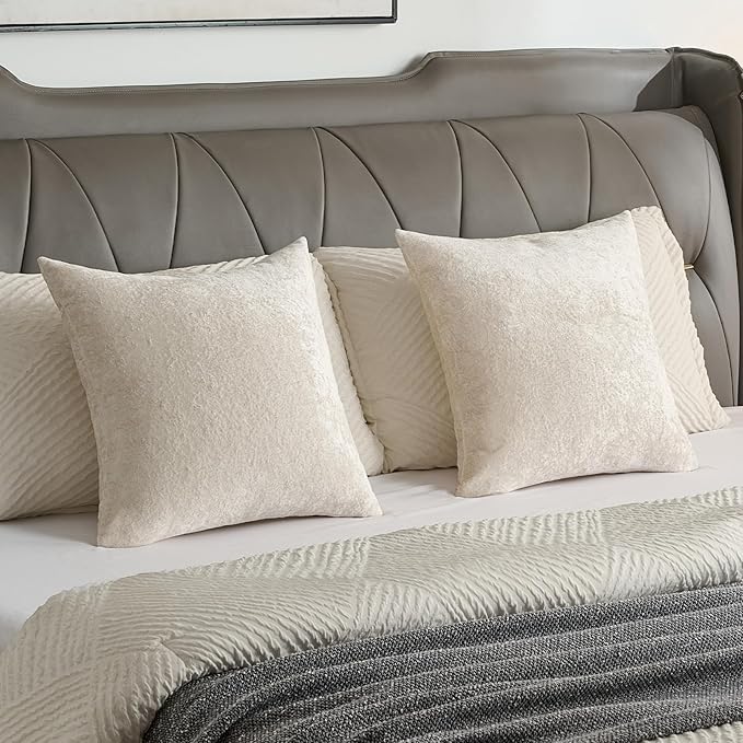 FUTEI Cream Flannel Throw Pillow Covers 24x24 Inch Set of 2,Soft Dimensional Textured European Cushion Cases,Modern Home Decor for Couch Living Room