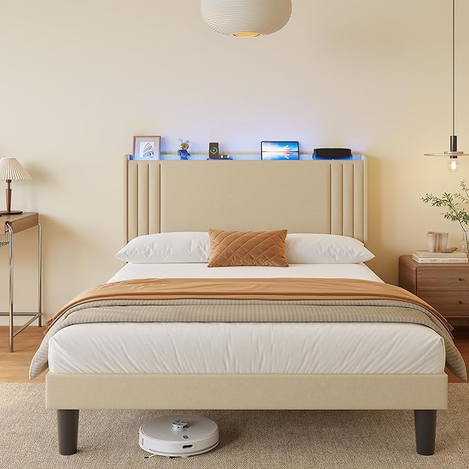Gizoon Full Bed Frame with Charging Station and LED Lights,Upholstered Wingback Platform Bed with Wooden Slats,Noise-Free,No Box Spring Needed