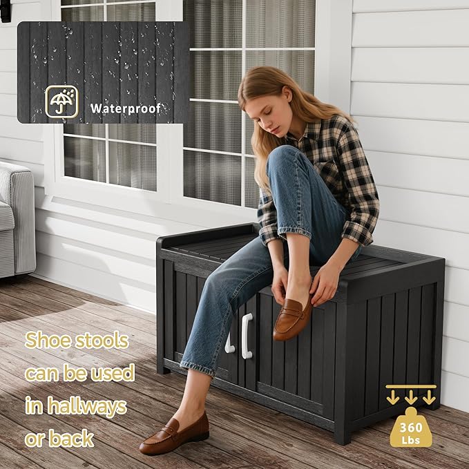 Storage Bench - 2 Doors Waterproof Resin Shoe Bench with Adjustable Shelves - Indoor & Outdoor Use, Entryway Bench with Seating for Bedroom, Living Room, Hallway - Black