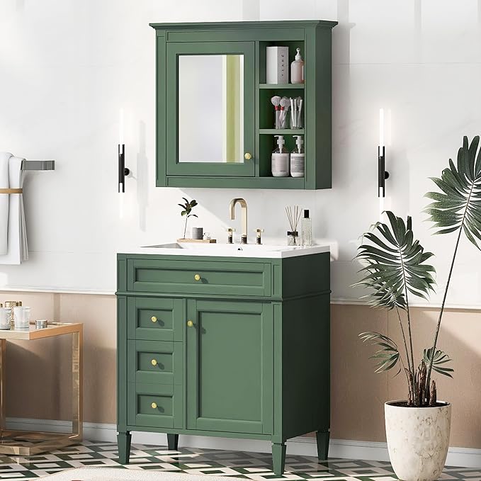 Bathroom Wall Cabinet with Mirror, 30'' x 28'' Medicine Cabinet with Mirror Door and Adjustable Shelves, Over Toilet Storage Cabinet, Wall-Mounted Bathroom Mirrors for Over Sink with Storage