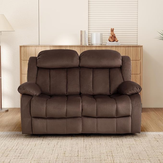 INZOY Manual Loveseat Recliner Sofa with Padded Armrest, Wall-Hugger 2 Seat Reclining Love Seat Couches with Overstuffed Back, Double Seater Reclining Chair for Living Room Theater Seating, Brown