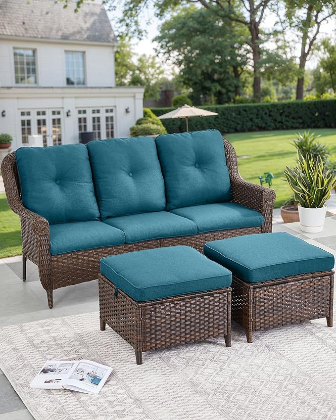 Patio Couch Outdoor Wicker Sofa - Heavy Duty All-Weather Brown Rattan 3-Seater with High Back and Comfortable Thick Cushions for Garden Back Porch Poolside Apartment - Peacock Blue