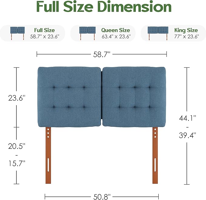 Tufted Upholstered Full Headboard, Adjustable Height Full Size Headboard Only from 39”to 44” with Durable Solid Wood Legs, Modern Button Diamond Fabric Head Board with Width Adapters, Blue