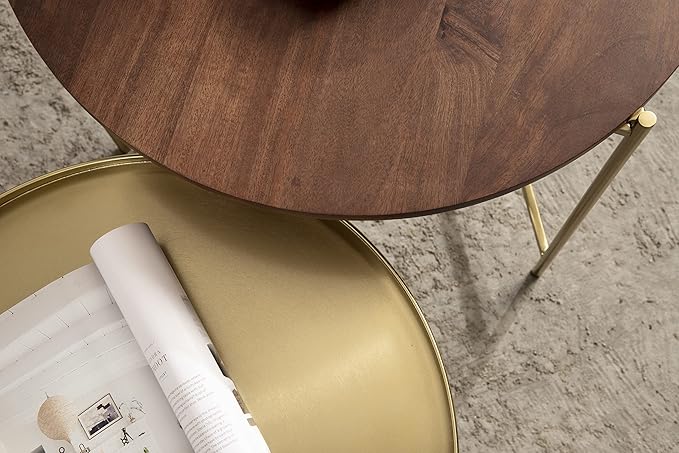 Kate and Laurel Ulani Modern Nesting Coffee Table; Set of 2; Walnut and Gold; 22.5 x 20.25; Decorative Sophisticated Mango Wood and Metal End Tables for Display and Storage