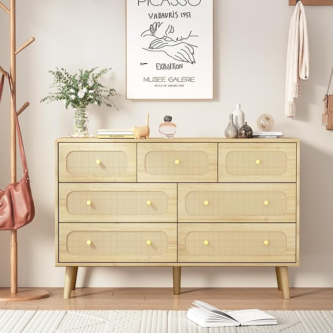 Rattan Dresser for Bedroom, 7 Drawer Rattan Dresser with Gold Handles, Boho Wood Dressers & Chest of Drawers for Bedroom