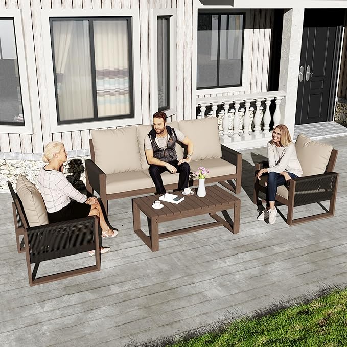 4 Piece Patio Furniture Set, Wooden Outdoor Furniture Conversation Set with Coffee Table, Modern PE Wicker Patio Chairs Conversation Sets with Sofa for Garden, Terrace, Porch, Balconies, Lawns