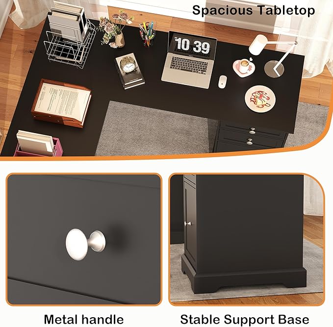 L Shaped Exective Desk with Drawers and File Drawers: 60" Country Vintage Desk for Home Office, Gaming Computer Desks with Storages(Black)