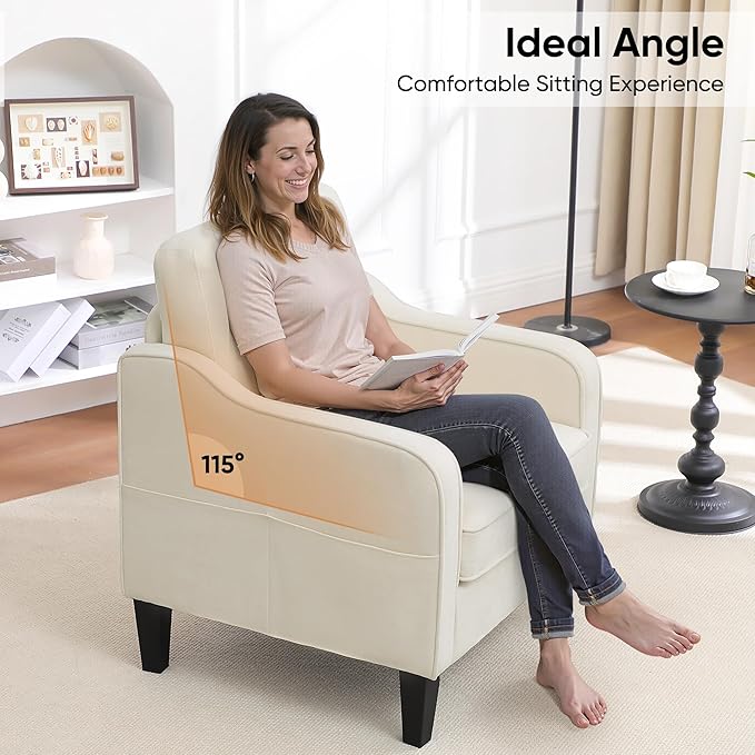 Accent Chair for Living Room, Mid Century Modern Reading Chair for Bedroom, Upholstered Armchair with Side Pockets, Comfy Single Sofa Side Chair for Office, Apartment, Small Room, Beige