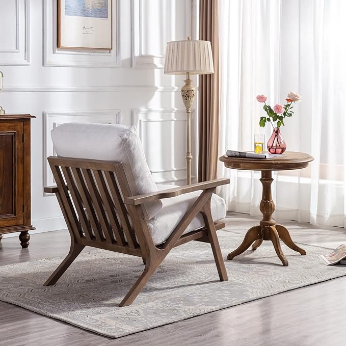 Wahson Mid Century Chair, Upholstered Accent Armchair, with Wood Frame and Removable Linen Cushions, Leisure Slipper Chair for Living Room/Bedroom, Cream
