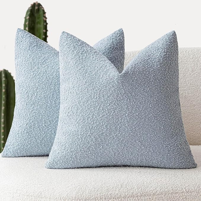 Foindtower Pack of 2 Modern Textured Boucle Throw Pillow Covers Accent Solid Decorative Pillow Cases Cozy Woven Couch Cushion Case for Chair Sofa Bed Living Room Home Decor, 18 x 18 Inch, Light Blue