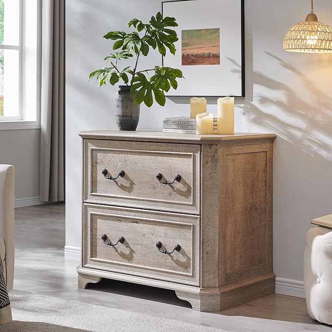 T4TREAM 34" Lateral File Cabinet with 2 Drawers, Farmhouse Filing Cabinet with 34" Wide Wooden Tabletop & Smooth Rails, Holds Letter/Legal, Hexagonal Design & Framed Drawer Fronts, Light Rustic Oak