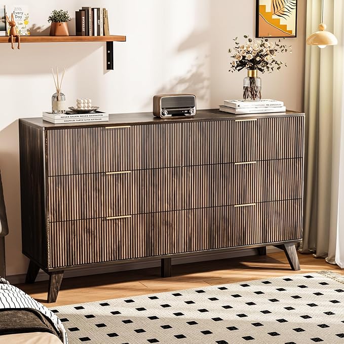 6 Drawer Dresser, 53.43 Inch Fluted Wood Double Dresser Curved Design Wide Storage Organizer Cabinet Mid Century Modern Chest Dressers for Bedroom Living Room Entryway(Walnut)