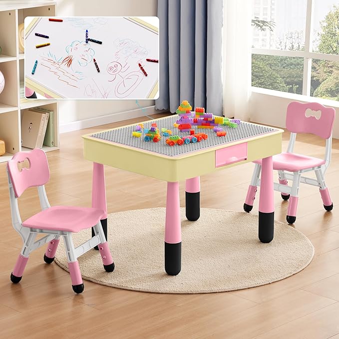 4 in 1 Kids Table and 2 Chairs Set with Storage, Toddler Table and Chair Set for Kids Ages 3-10, Graffiti & Building Blocks Double-Sided Tabletop (Pink, 2 Chairs)