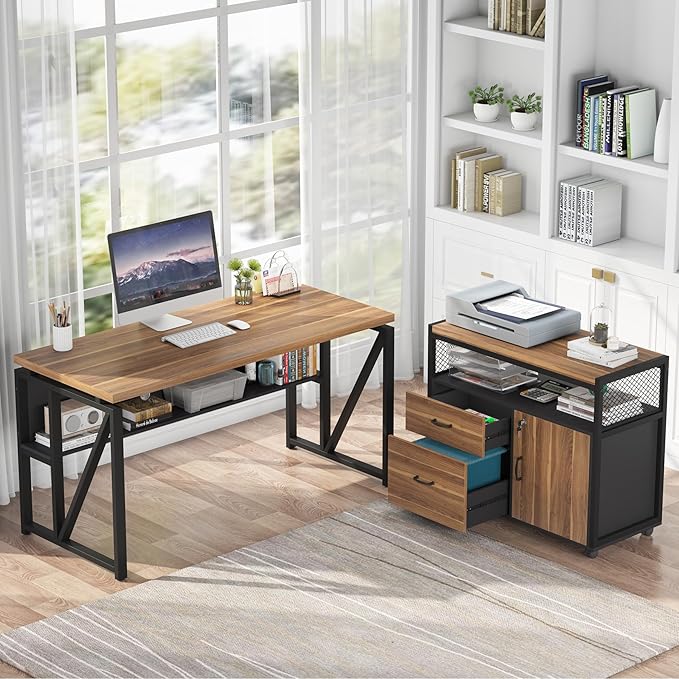 Tribesigns 55-inch L Shaped Desk with Drawer Cabinet, Executive Computer Desk and lateral File Cabinet, 2 Piece Home Office Furniture with Drawers for Hanging File, Doors with Locks (Brown, 55 inches)