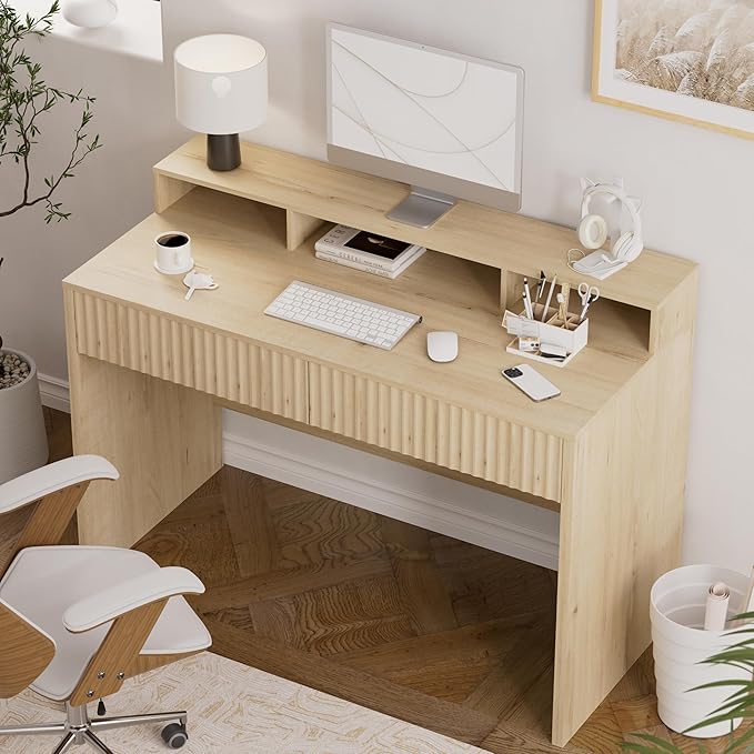 Fluted Executive Desk with Storage Shelf, 47" Modern Wood Home Office Desk with Long Monitor Stand & 2 Drawers, Writing Study Computer Table Vanity Desks, Light Oak