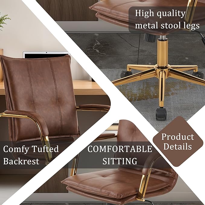 MOJAY Mid-Back Ergonomic Leather Office Desk Chair, Modern Upholstered Computer Chair, Executive Office Chair with Arms, Swivel Adjustable Rolling Chair with Gold Base (Brown)