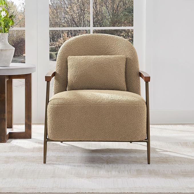 CHITA Accent Chair for Living Room, FSC Certified Modern Upholstered Faux Sherpa Fabric Armchair with Metal Frame and Wooden Armrests, Camel