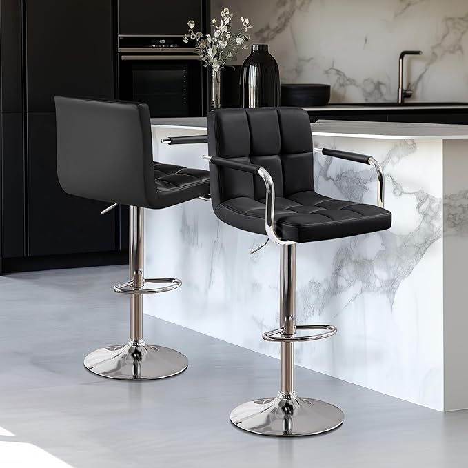 Yaheetech Bar Stools Set of 2, PU Leather Adjustable Swivel Barstools, Hydraulic Kitchen Counter Height Bar Chairs with Armrest and Back for Kitchen, Dining Room, Black