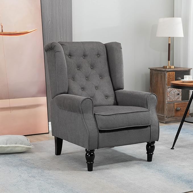 HOMCOM Mid-Century Modern Accent Chair, High Wingback Chair, Button-Tufted Upholstered Fabric Armchair with Retro Wood Legs for Living Room, Bedroom, Dark Gray