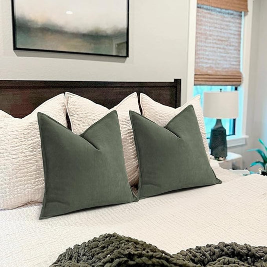 ZWJD Army Green Pillow Covers 16x16 Set of 2 Chenille Throw Pillow Covers with Elegant Design Soft and Luxurious Decorative Throw Pillows for Couch, Bed, and Home Decor