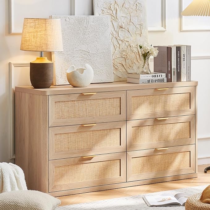 LEYAOYAO Rattan 6 Drawer Dresser for Bedroom, Boho 54" Wide Natural Wood Dresser Chest of Drawers, Dressers TV Stand with Metal Handle, Storage Dressers Closet Organizer for Living Room, Hallway