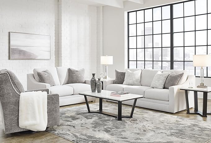 Signature Design by Ashley Maitelynn Contemporary Sofa with Accent Pillows, Reversible Cushions and Sloped Arms, Light Gray