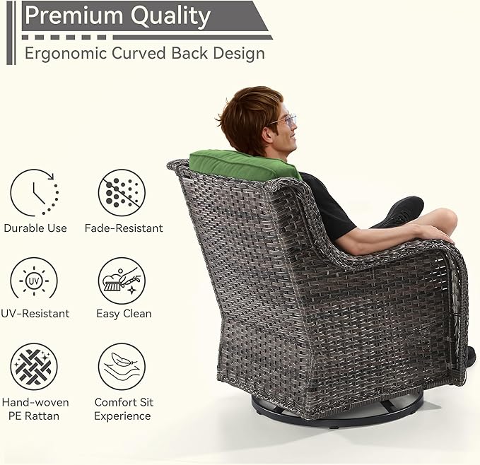 Outdoor Swivel Rocker Patio Chair - Outdoor Wicker Patio Glider Chair with Olefin Fabric Cushions Suitable for Backyard Deck and Porch, Green