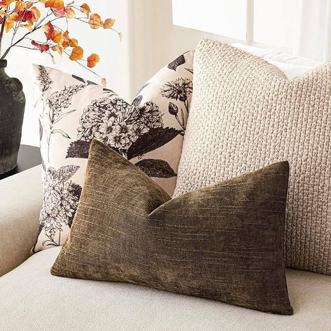 Foindtower Pack of 2 Textured Chenille Throw Decorative Pillow Covers Square Accent Solid Cushion Cover Neutral Farmhouse Lumbar Pillow Case for Couch Sofa Bedroom Living Room 12x20 Inch,Taupe Brown